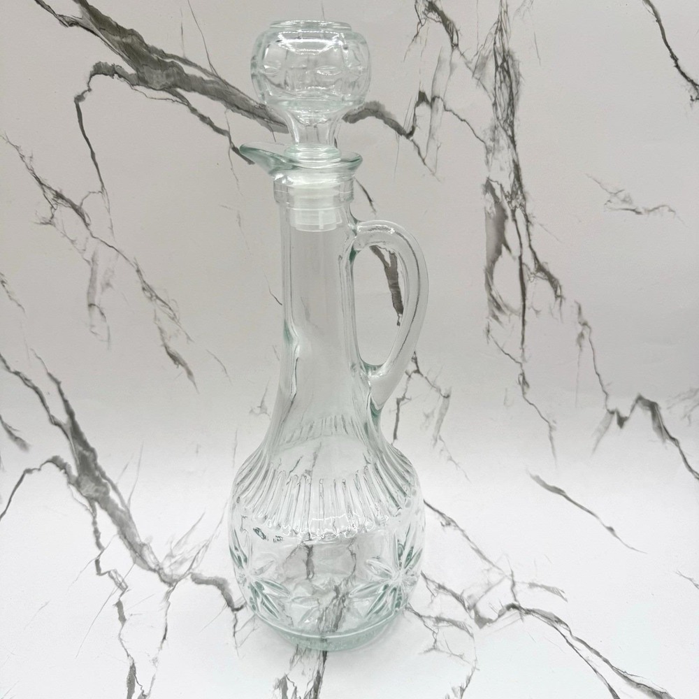 Vintage Starburst Clear Glass Decanter w Stopper MCM Barware Handle 1970s
